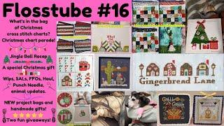 Flosstube #16 - Christmas Cross Stitch Chart Parade!  Punch needle, project bags, & animal updates!