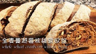 简单健康无糖的全麦蔓越莓核桃软欧包丨简单揉面 Whole Wheat Cranberry Walnut Bread (Sugar Free)