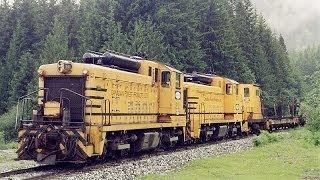 Dynamic-braked SW1200RSs on Canfor Englewood Logging Railway Nimpkish June 1997