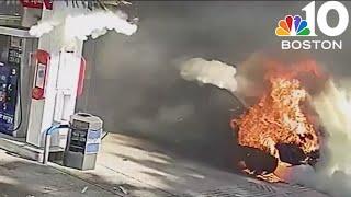 Video shows pickup on fire at Billerica gas station