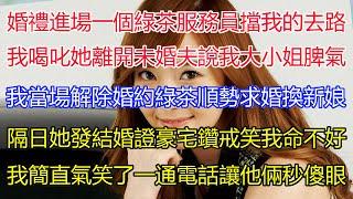 婚禮進場時，一個綠茶服務員擋住我的去路！喝叱她離開未婚夫卻說我耍大小姐脾氣？我當場解除婚約！綠茶順勢求婚！新娘直接換人！隔日她發來結婚證豪宅跟鑽戒照，還笑我命不好！我簡直氣笑了！打一通電話讓他倆秒傻眼