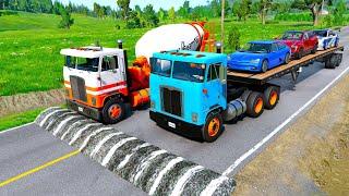 Flatbed Trailer Tracktor Truck Rescue Stuck Cars – Long Cars vs Rail Road and Trains BeamNG