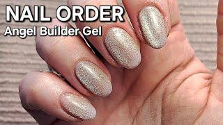 NAIL ORDER RAPTURE ANGEL BUILDER GEL OVERLAY ON NATURAL NAILS ON NON DOMINANT HAND - BLUESKY CAT EYE