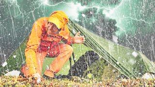 Caught in Massive Storm of Hail, Thunder, Lightning & Heavy Rain, Tarp Shelter Camping Survival ASMR