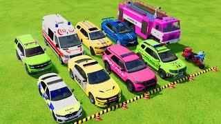 TRANSPORTING POLICE CAR, AMBULANCE, FIRE TRUCK, POLICE MOTORCYCLE, WITH TRUCK -FARMING SIMULATOR 22!