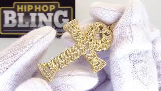 .925 Sterling Silver Gold Cuban Ankh Cross Bling Bling CZ