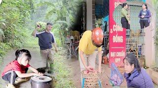 Single woman and kind man happily harvest bananas and fruits to sell