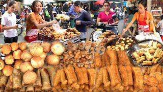 Very Popular Cambodian Street Food @ Delicious Donuts, Spring Roll, Yellow Pancake, Wonton, & More