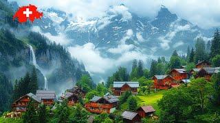 Wengen SWITZERLAND - Walking in the Rain  Most Beautiful Villages in Switzerland 4K