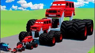 Big & Small Red Visor Cyber Monster Truck McQueen Lightning VS Train | BeamNG.drive