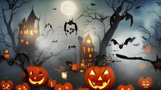 Halloween Ambience with Jack-O-Lanterns, Fire, Flying Bats, and Distant Music
