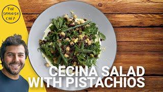 Summer refreshing Salad with Kale, sugar snaps, radishes, pistachios and Cecina