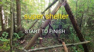 shelter in forest. bushcraft. construction from start to finish.