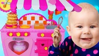 Funny Baby Pretend Cooking With Cute Kitchen