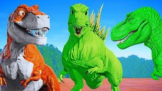 Batman Indoraptor vs Tyrannosaurus, Velociraptor, Rexy Jurassic World Evolution Dinosaurs Fighting