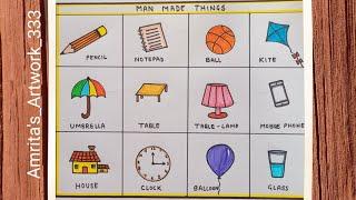 Man made things Drawing | 10 easy man made objects | EVS | Non Living Things Drawing Chart