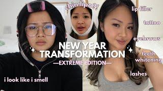 EXTREME new year glow up transformation (chin lipo, lip filler, tattoo)