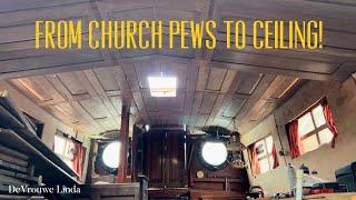 Reclaimed church pews from London’s St Giles Cripplegate, become historic boat’s new ceiling.