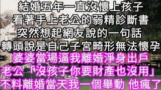 結婚五年一直沒懷上孩子看著手上老公的弱精診斷書突然想起網友說的一句話 轉頭說是自己子宮畸形無法懷孕 婆婆當場逼我離婚淨身出戶 #心書時光 #為人處事 #生活經驗 #情感故事 #唯美频道 #爽文