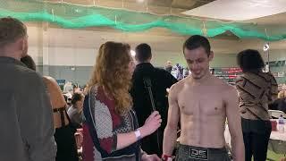 Tyler Downes speaking with Sorrel Tara after his win on Muay Thai Addict League on 9th March 2024