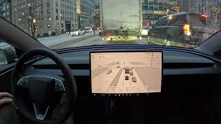 Tesla FSD 13.2.2 Drives Around Downtown Montreal 