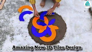 Amazing Technique 3D Tiles Flower Design With Orang Blue And White Color Tiles Design