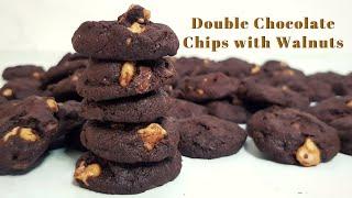 Double Chocolate Chip Cookies with Walnuts | For Dark Chocolate Chip Lovers | Eggless Cookies