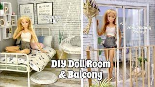 DIY Barbie Doll Room & Balcony! Real Sliding Doors + Hanging Doll Chair!