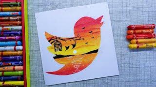 Bird Sunset Drawing / Oil Pastel drawing for Beginners / Naveen Art #9