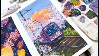  Gouache painting- Cherry Blossom train in Japan