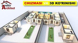 O'ZBEKONA Chiroyli va Ixcham uy loyihasi (chizma + 3D ko'rinishi)