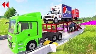 Double Flatbed Trailer Truck vs Speedbumps Train vs Cars Beamng.Drive #191  With Reverse