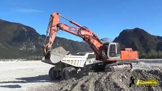 HITACHI 355 Excavator Digging and Loading Gravel