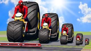 Big & Small Spiderman on a Monster Truck motorcycle vs Thomas Train | BeamNG.Drive