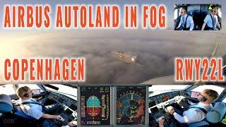 COPENHAGEN (CPH) | Automatic approach + landing in fog on runway 22L | Airbus pilots + cockpit views