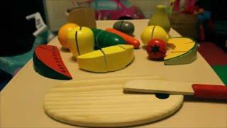 Toy Velcro Cutting Set for Kids! Fruits, Vegetables, and Bread. Includes Wooden Knife, Cutting Board