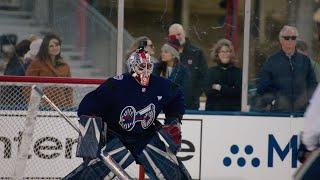 Elvis Merzlikins wears goalie cam at Stadium Series practice 