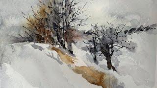 Ink wash and Watercolor Snowy Winter Greeting Card