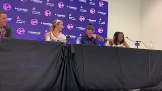 Indiana Fever: Caitlin Clark, Lexie Hull, Kelsey Mitchell, Christie Sides with media after win v Sun