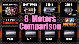 8 Motors COMPARISON, TAMIYA Brushed, Super Stock RZ, Sport Tuned, 540-N, 380-S & G-FORCE Brushless