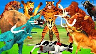 10 Dinosaur Elephant Zombie Cow vs 10 Giant Lion Leopard Wolf Fight Cow Baby Save By Woolly Mammoth