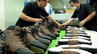 Prozess zur Herstellung starker Sicherheitsschuhe. Koreanische Fabrik für letzte Zehenkappenstiefel