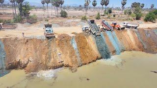 Fantastic Project Reside Road Construction Many Truck SHACMAN Filling Soil and Rock In Big Pond