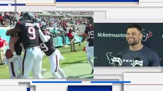 Texans players react to Andrew Beck's kickoff return against Jacksonville