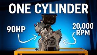 This is a single cylinder F1 engine – 20,000rpm, 300cc, 90bhp!