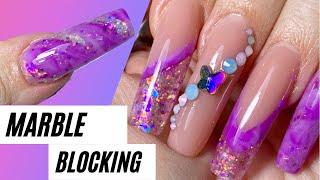 Stunning purple marble nails with colour blocking & Crystal design