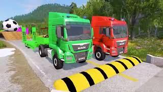 Double Flatbed Trailer Truck Vs Speedbumps Train Vs Cars Beamng.drive In Reverse!  #277