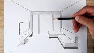 How to draw in 1-point perspective | Arts Academy HD | Interior Design  |رسم تصميم داخلي حجرة الجلوس