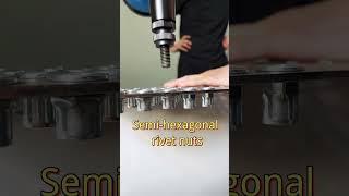 Flat head half hex insert nut prevents rotation, riveting effect shown