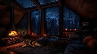 Cozy Attic Living Room with Thunderstorm, Rain Sounds, and Crackling Fireplace